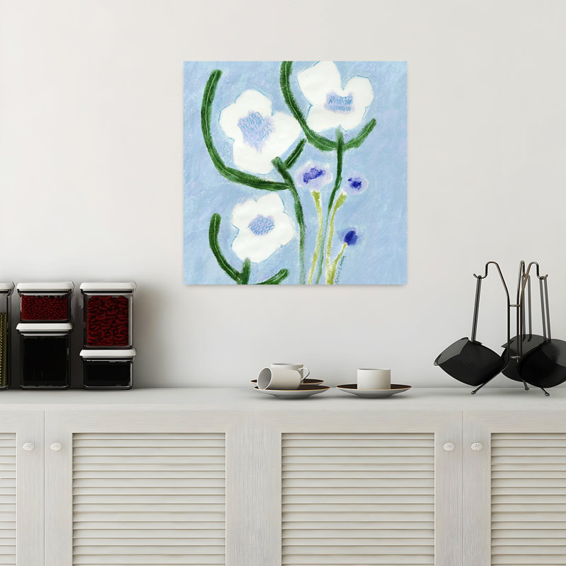 «Hello White Flowers», art mural contemporain fantaisiste, H 18" x l 18"