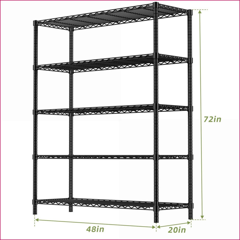 Étagère de rangement à 5 niveaux: l 48 po x P 20 po x H 72 po, 400 lb par tablette en métal | Noir | Métal