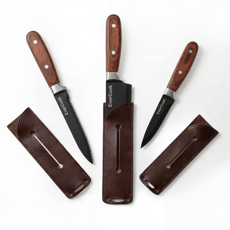EverCook 6Pc Kitchen Knife Set w/ Blade Sheaths, 1.5/2 mm Black Stainless Steel
