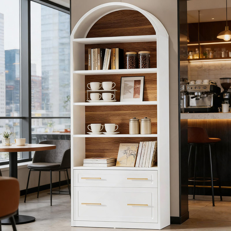 Tablette utilitaire, bibliothèque arquée, bibliothèque élégante deux tons, Chêne / Blanc