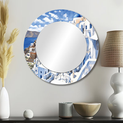 Greek Santorini Odyssey I - Greece Decorative Mirror, Country Large Round Wall Mirror, Printed Metal Art