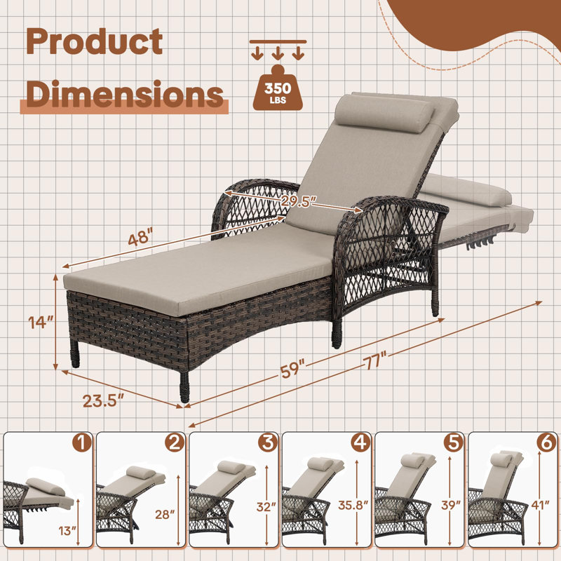 Outdoor Wicker Chaise Lounge Chairs Set Of 2, Patio Rattan Lounger With Armrest, Adjustable 6-Level Backrest And Pillow, All Weather Pool Sunbathing Reclining Chairs For Deck Yard, Beige