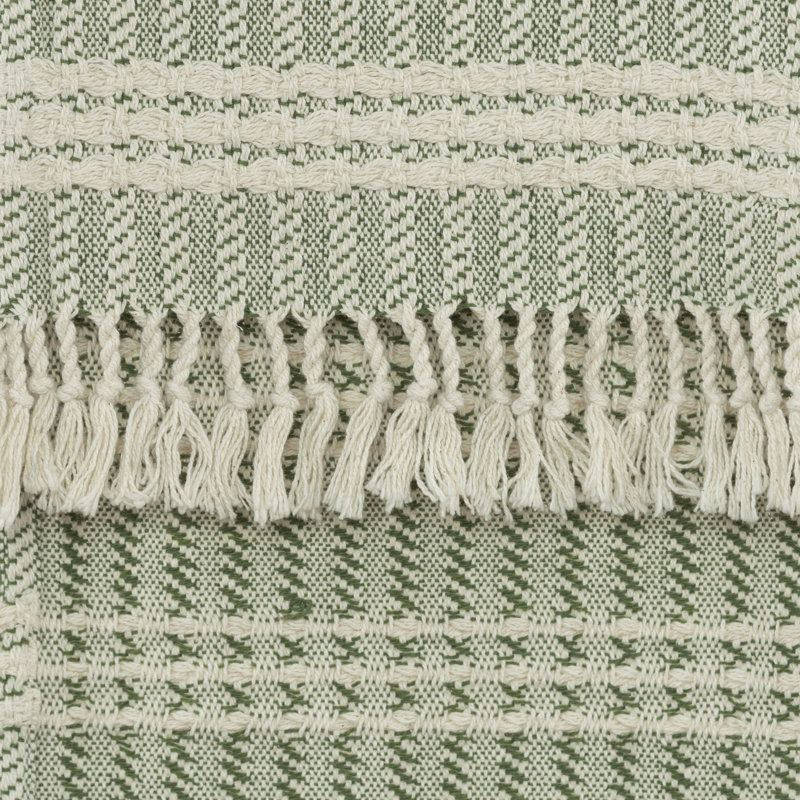Green and Natural Cotton Striped Reversible Throw Blanket