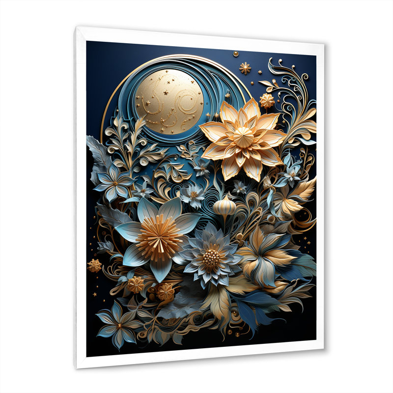 Papier mâché beige et bleu sarcelle fleurs mélangées - reproduction sur toile, Cadre photo blanc