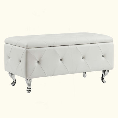 Tufted Bonded Leather Storage Bench with Crystal Decor, Upholstered Bedroom Bench Ottoman with Hidden Storage for Entryway Bed End Living Room