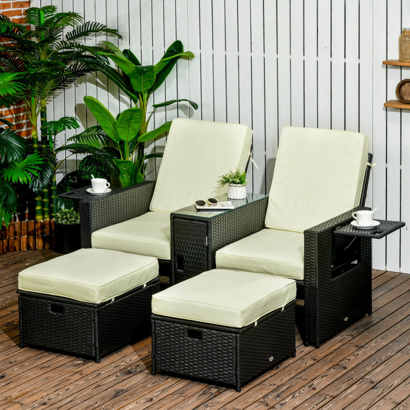 Latton 5PC PE Rattan Sun Lounger Outdoor Wicker 5-Level Adjustable, Cream, Black
