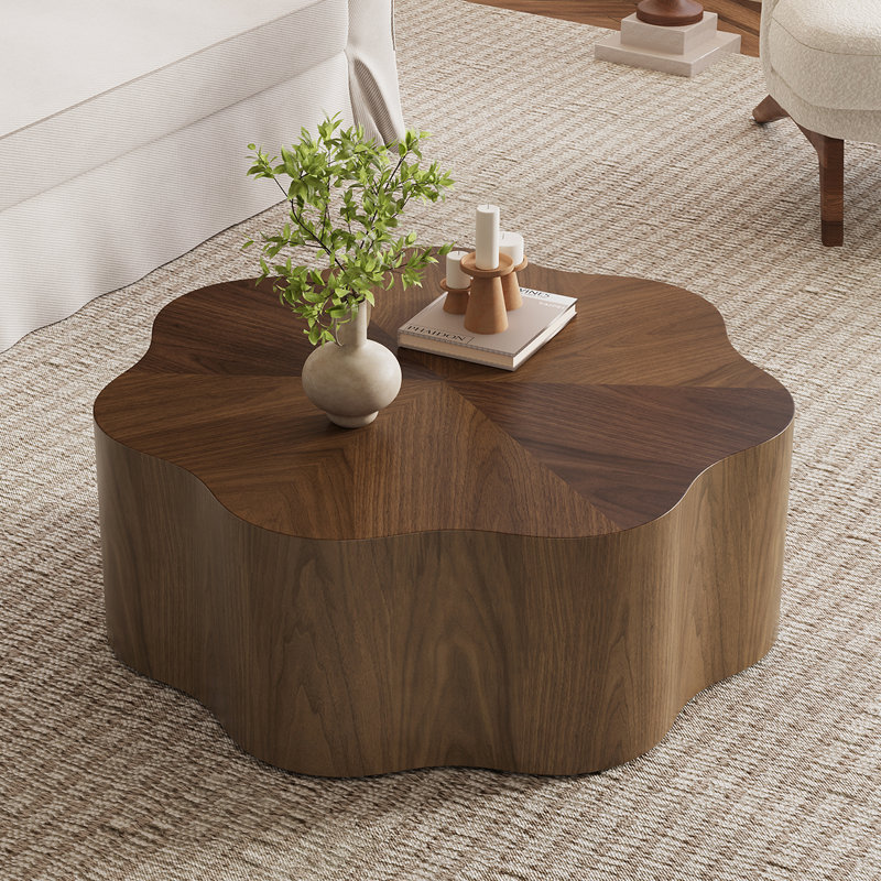 35" Mid Century Flower Shape Coffee Table, Solid Wood Veneer for Living Room, Brown