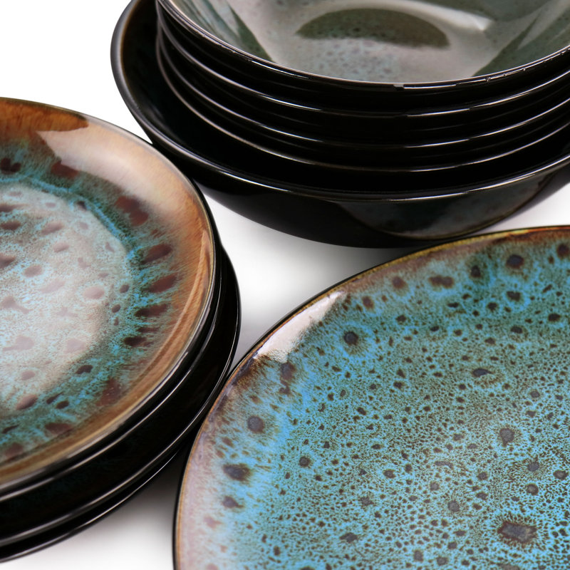 Kyoto Teal and Bronze Reactive Glaze Ceramic Dinnerware Set, Service for 4