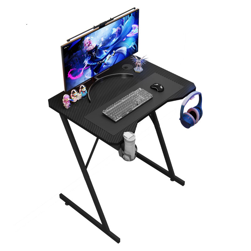 Gaming Desk Carbon Fibre Finish Black Cup Holder, Headphone Hook & Cup Holder, 75cm H x 80cm W x 60cm D