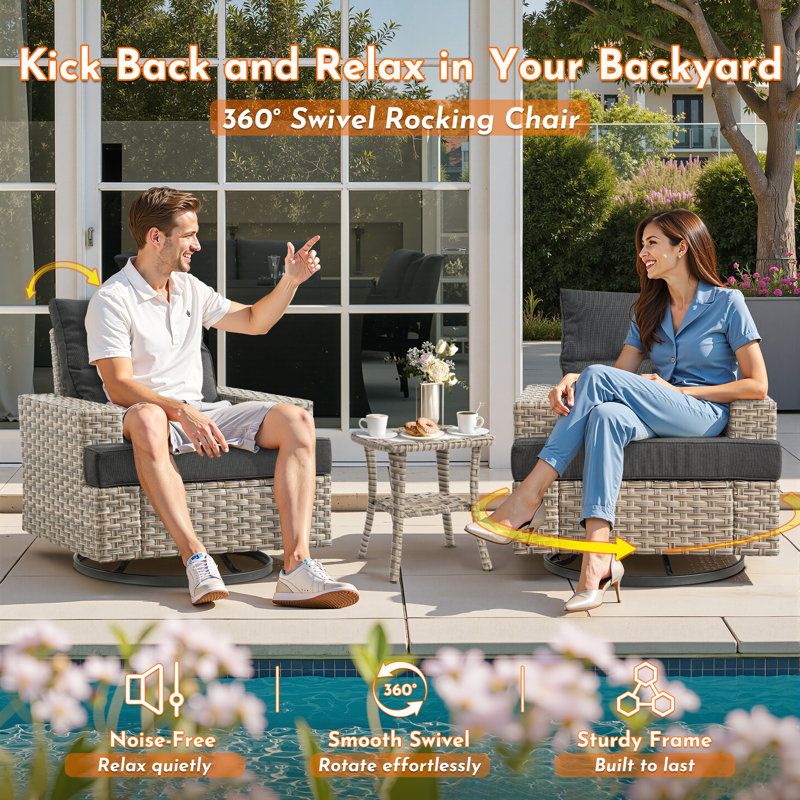 Tommy Wicker 10-Person Modular Outdoor Sectional Seating Group With Swivel Chairs And Cushions, Patio Conversation Set With Fire Pit Table