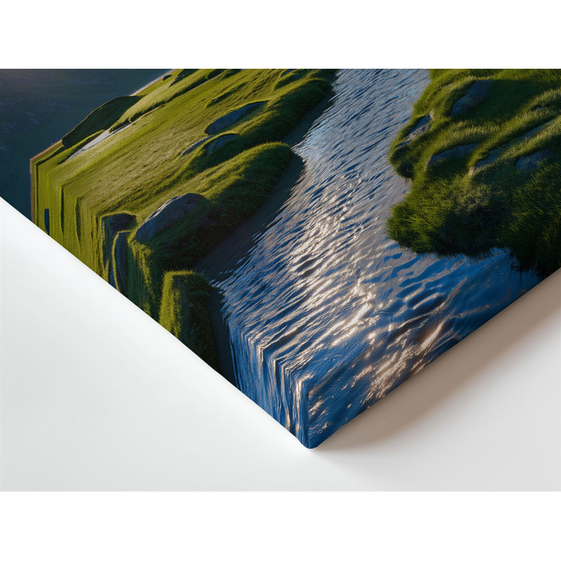 Toile, "Un paysage serein, avec un ruisseau sinueux qui coule à travers une luxuriante" Green Meadows "entourée de roches éparses et toile
