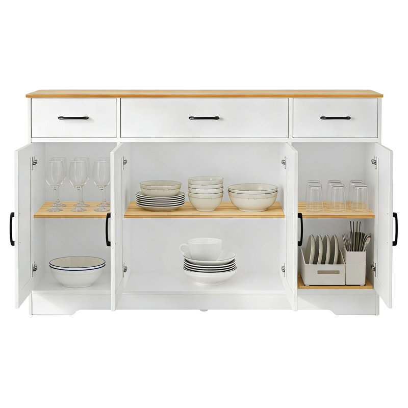 Buffet 55 po avec 3 tiroirs et tablettes réglables, armoire de rangement blanche pour café, blanc, Blanc / Naturel