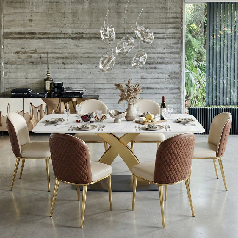 Dashon Modern Rectangular Sintered Stone Dining Table with Gold Stainless Steel Base, 35.4″ W x 70.9″ L