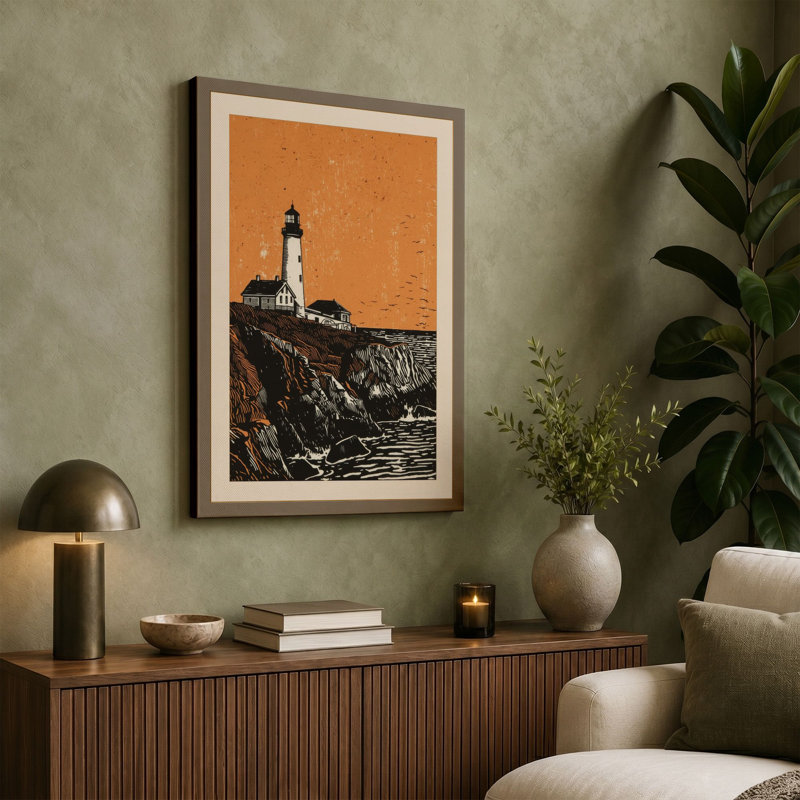 Lighthouse on Stone Coastal - Wrapped Canvas, 24x16 - 61.0 x 40.6 cm, Teal Border