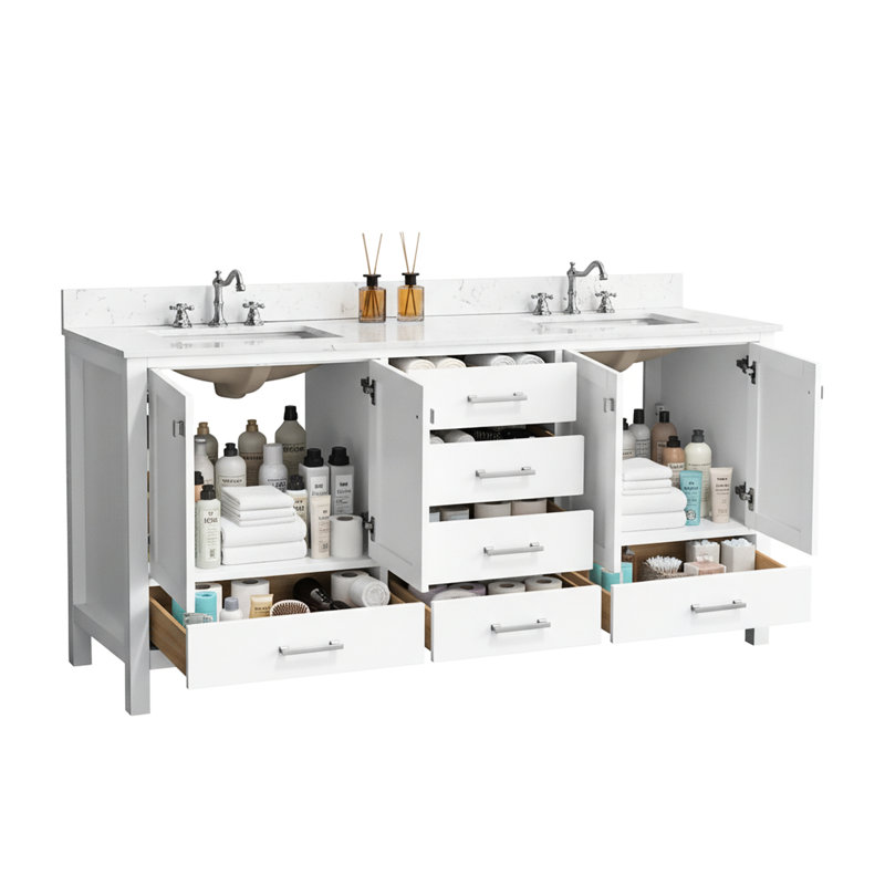 Meuble-lavabo de 72 po en bois massif, comptoir blanc, tiroirs silencieux, conception légère à 2 cuves de 72 po, style moderne, structure