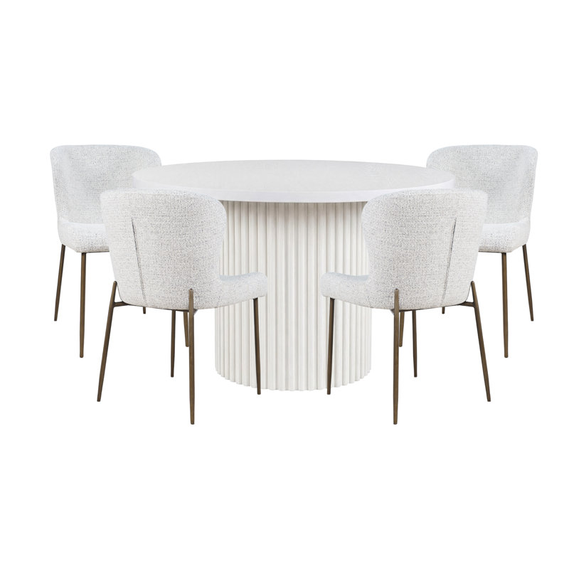 Five Piece Round Mid Century Modern Dining Set With Performance Upholstered Dining Chairs- White, White