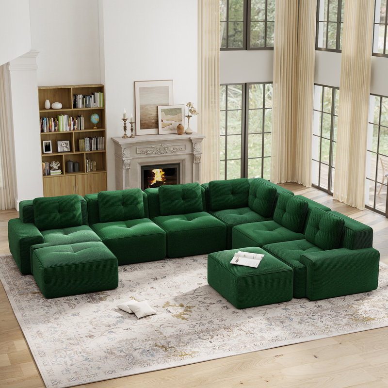 Canapé modulaire en velours côtelé de 151 pouces en forme de V 6 places avec deux repose-pieds, pour le salon et le cinéma maison - vert