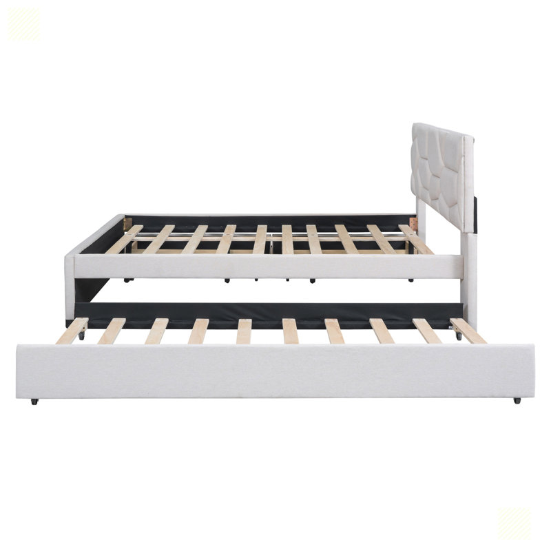 Lit plateforme avec tête de lit à motif brique et tiroirs, Beige