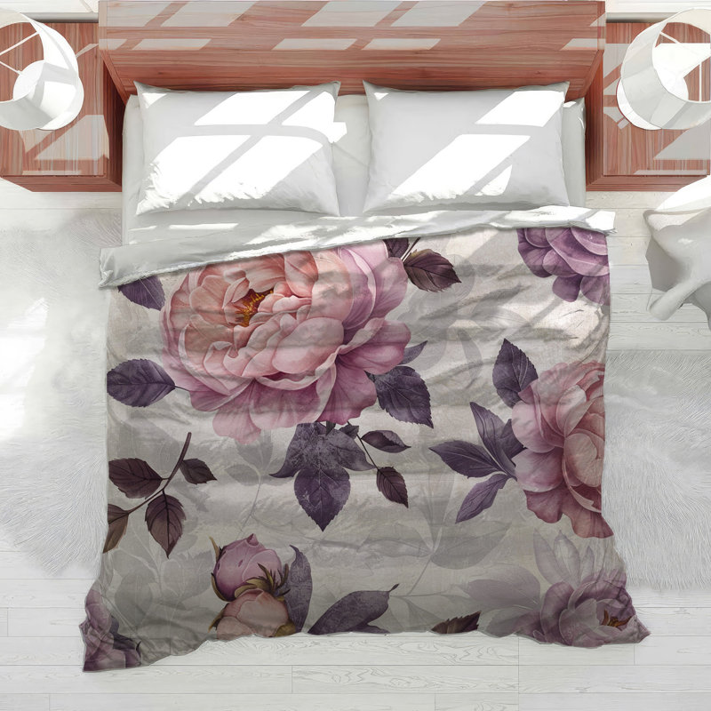 Pink Peonies Botanical Machine Printed Duvet Cover, Twin Duvet Cover