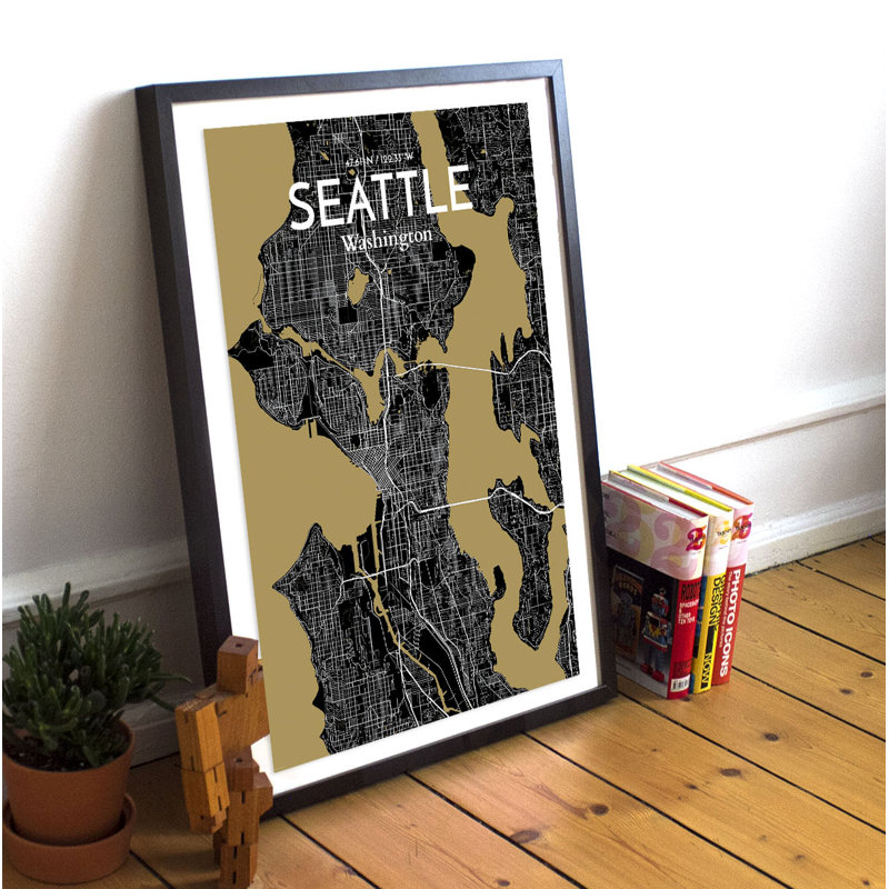 « seattle city map », reproduction d’impression sur affiche en luxe, H 17 po x l 11 po x P 0,05 po