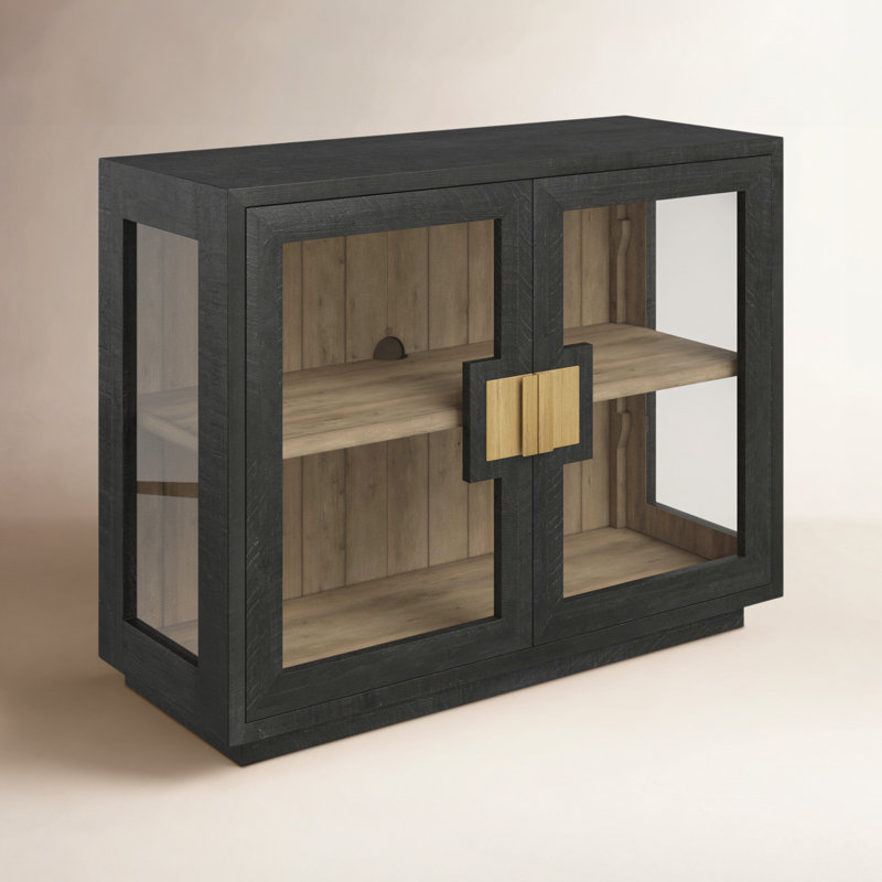Larson Two-Door Glass Oak Wood Cabinet, Black, Gold