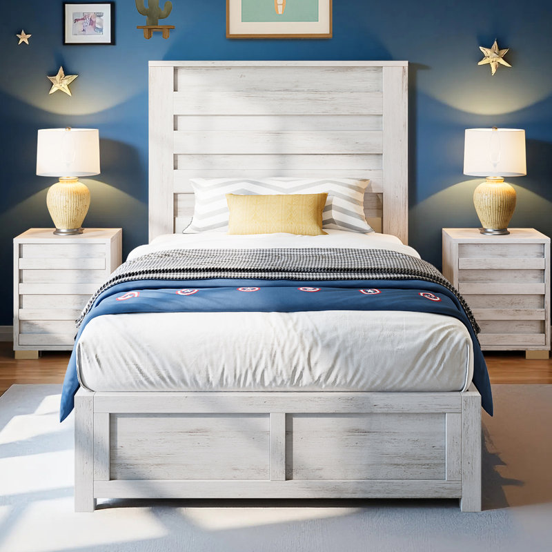 Marro Farmhouse Overlapped Wood Platform Bed, White, Twin