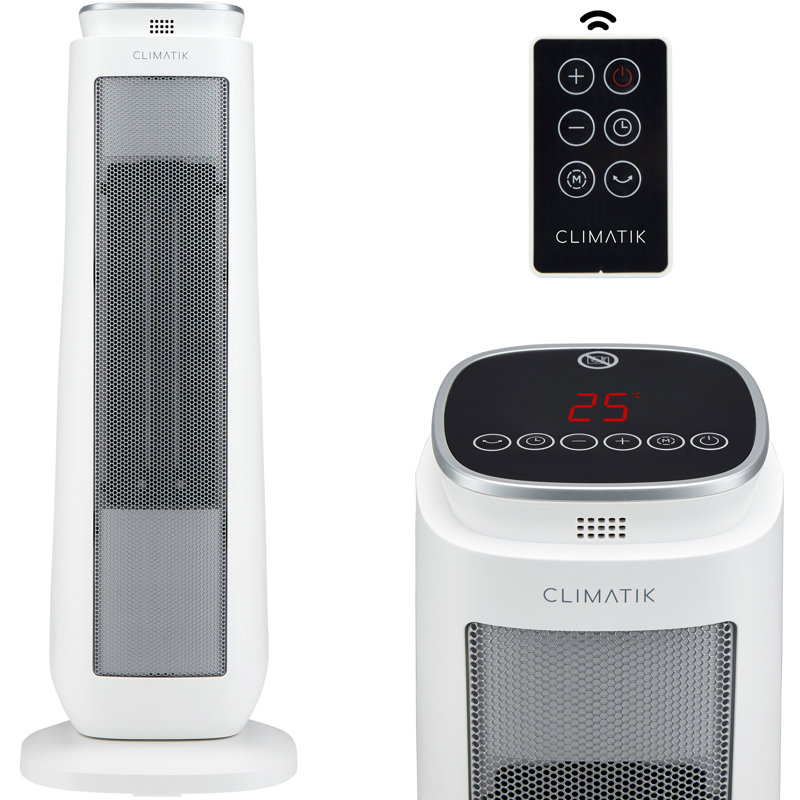 Climatik Oscillating White Tower Fan Heater, 2 Power Settings, LED Display with Timer & Remote