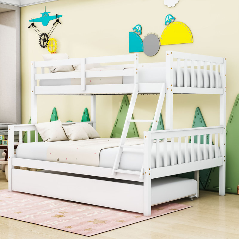 Twin Over Full Wood Bunk Bed With Twin Trundle, Built-In Ladder And Guardrail, White