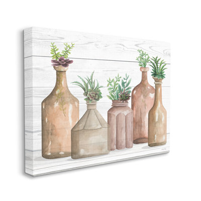 " Succulents Herbs Rustic Cottage Jars Leaves Arrangement " by Cindy Jacobs Painting Print