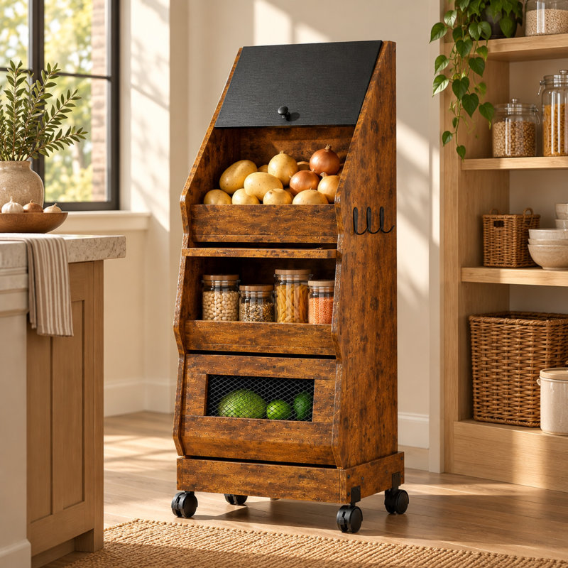 Meuble de rangement à 3 niveaux pour pommes de terre et oignons, bac à légumes de 96,5 cm (38 pouces) aspect bois brun avec paniers en maille aérée, couvercle supérieur et roulettes pivotantes pour la cuisine, le garde-manger et la salle à manger.