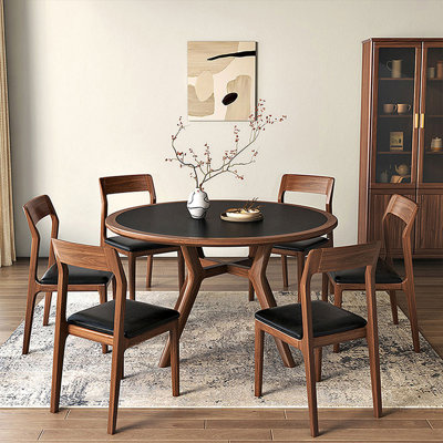 Retro Black Round Solid Wood Sintered Stone tabletop Dining Table