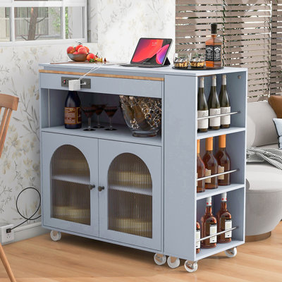 Rolling Kitchen Island Cart with Extended Table, Storage Compartment, LED Lights, Power Outlets, 2 Fluted Glass Doors, 3 Open Shelves