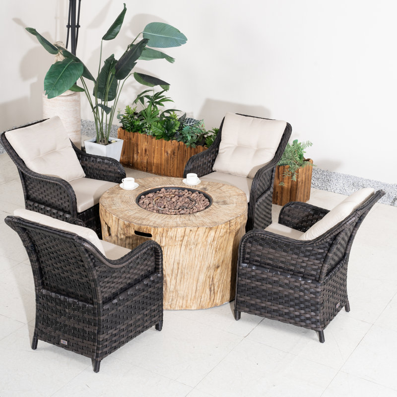 4 - Person Outdoor Patio Dining Set With Fireplace Table , Cushions Included