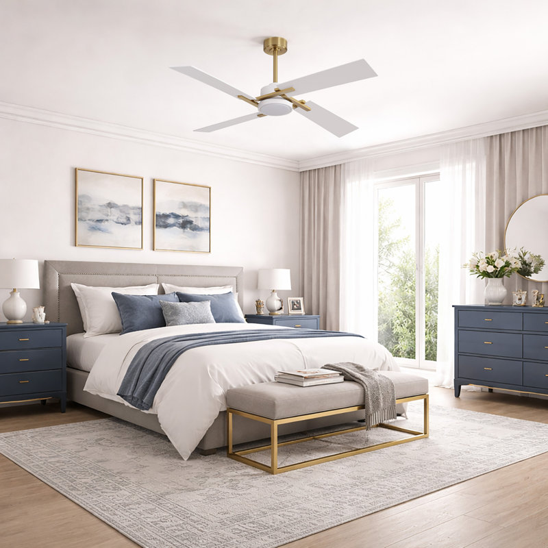 Ventilateur de plafond à 4 pales avec lumière DEL et télécommande Kyliegh, Doré, Blanc, 56 po de largeur