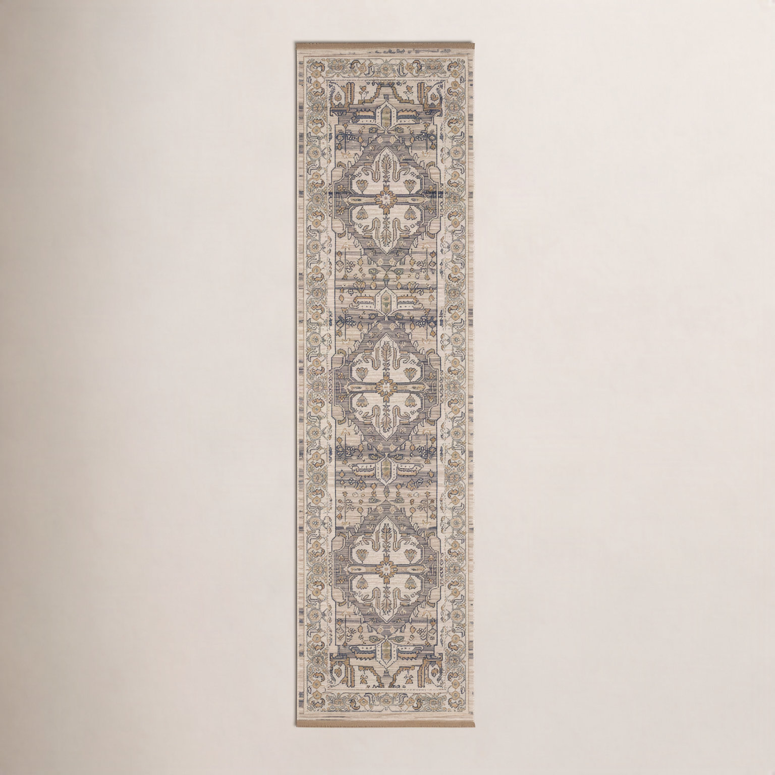 Abena Beige Gray Medallion Oriental Wool Rug, Runner 2'6" x 10'