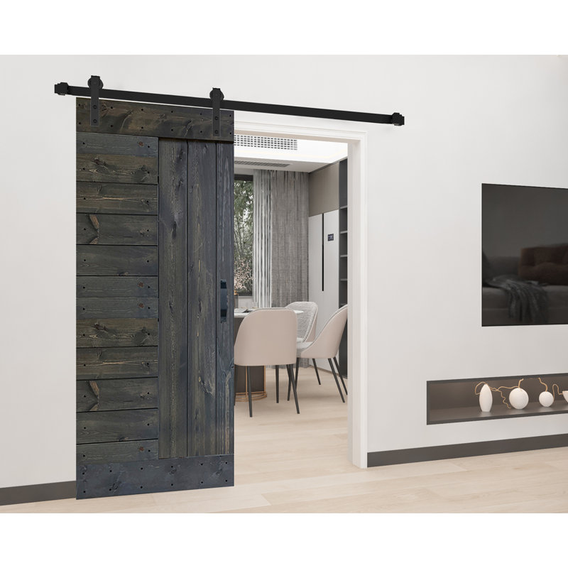 Carbon Gray Solid Knotty Pine Sliding Barn Door Kit with Black Hardware
