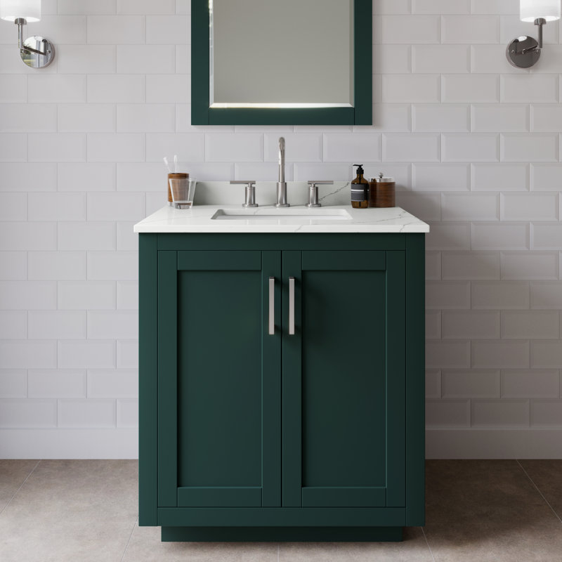 Ensemble de meuble-lavabo simple autoportant 30 po avec plateau en quartz Miranda, Giotto Quartz, Vert, Nickel brossé