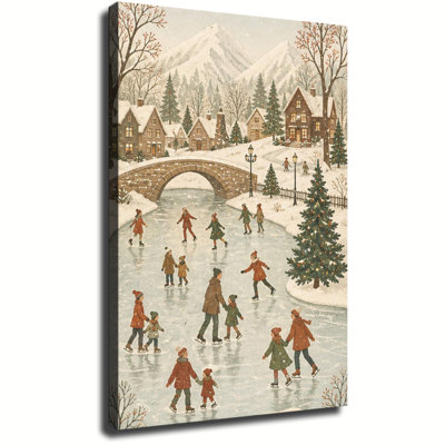 Tableau sur toile vintage représentant une scène de patinage sur glace dans un village de Noël enneigé, une activité hivernale familiale pour la décoration intérieure