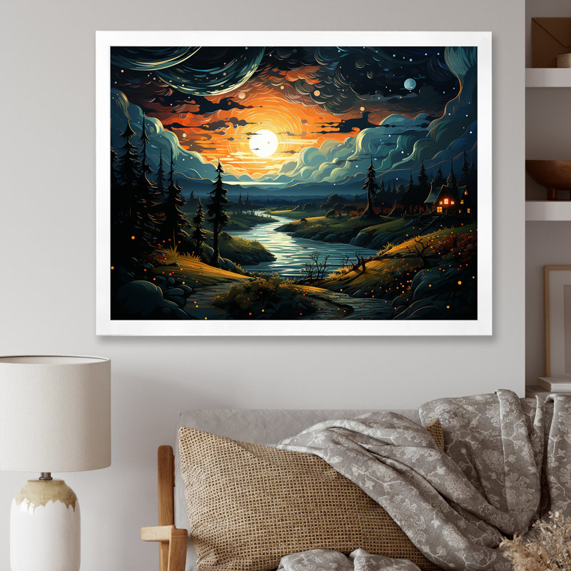 «Dreamy Mountain Scenery At Night I - Winter Landscape», art mural, Cadre flottant brun, H 12 po x l 20 po x P 1 po