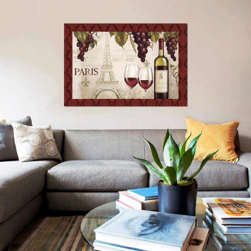 «Wine in Paris, Damask Border», reproduction d'impression sur toile, H 40 po x l 60 po x P 1,5 po, Toile tendue, Pas de tapis