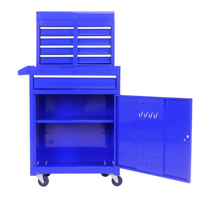5 Tool Box Organizer With Lockable Wheels & Adjustable Shelf - Blue Metal Rolling Chest Bolts Side Handles
