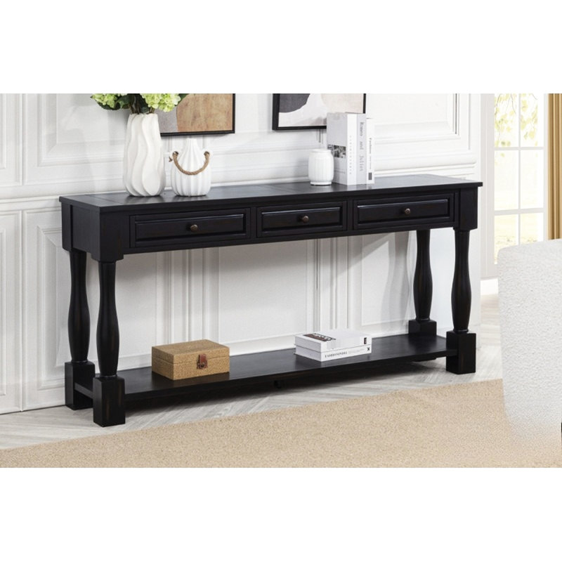 Console en bois de 63 po avec 3 tiroirs et une tablette, style méditerranéen, pour espace de vie principal, conception transitionnelle de style très long, autoportante