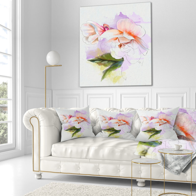 Coussin à imprimé floral blanc Begonia, 16 po x 1 po, Coussin décoratif