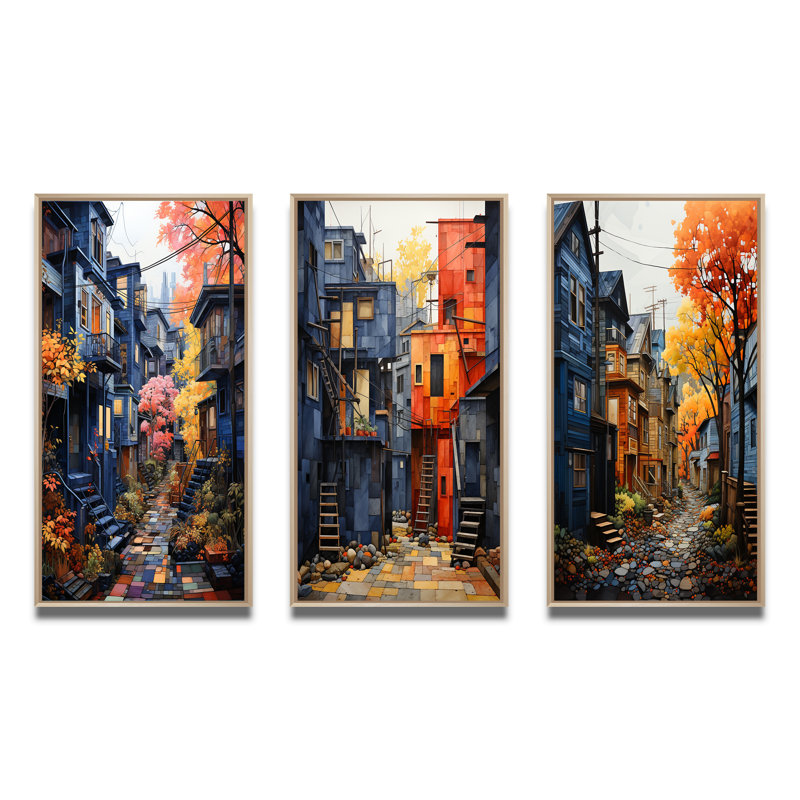 «Cityscape Alleyway Patchwork», 3 pièces, Encadré naturel, H 40 po x l 60 po