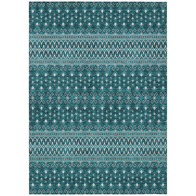8' X 10' Teal Blue Aqua And Ivory Tribal Washable Indoor Outdoor Area Rug