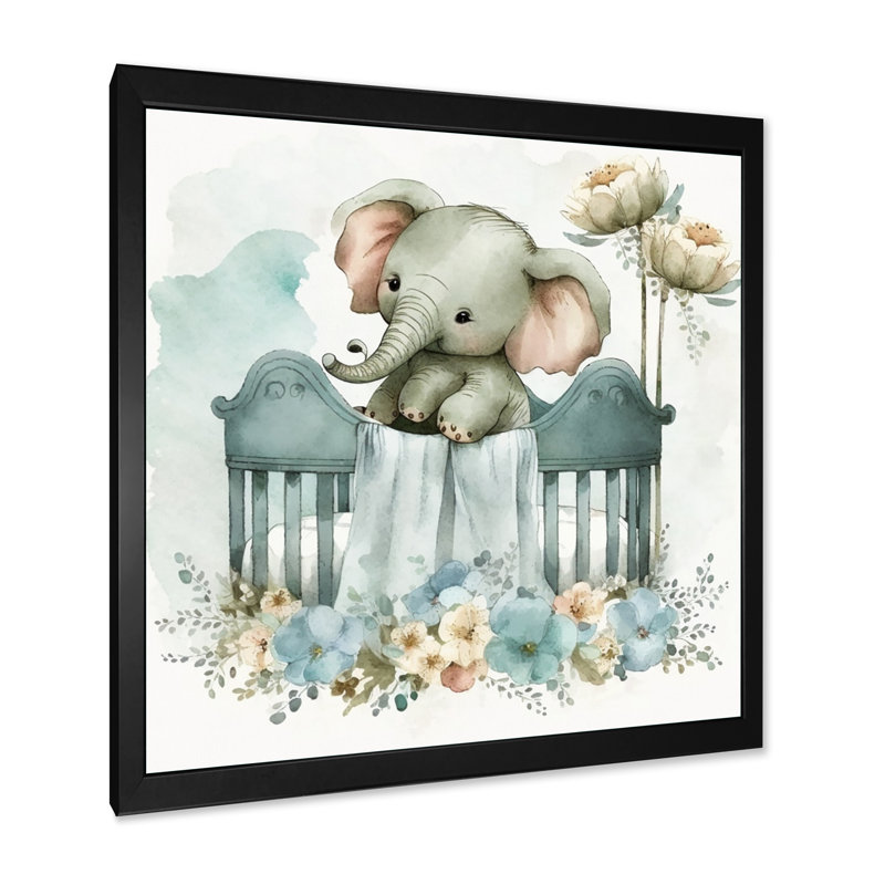 Bébé éléphant dans un lit de bébé avec des fleurs I - Éléphant, art mural, H 24 po x l 24 po, Cadre photo noir