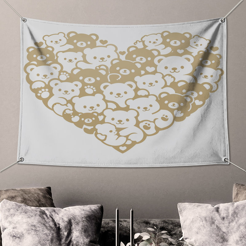 Tapisserie murale en forme de cœur - ours en peluche, H 104 po x 88 avec 4 œillets