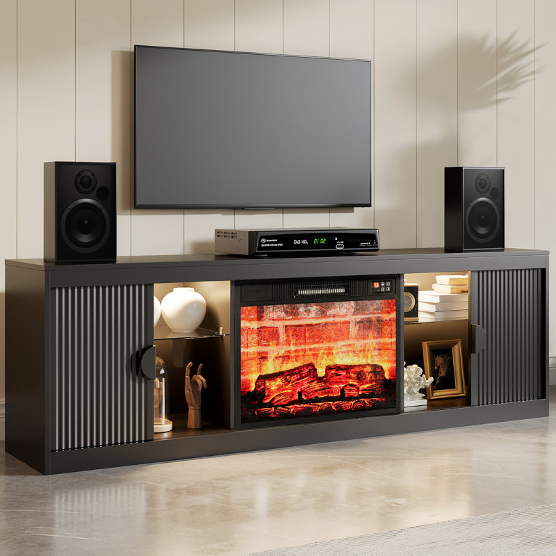  70" TV Stand For Tvs Up To 80" With Electric Fireplace, Modern Fluted Sliding Door Fireplace Cabinet with LED Light For Living Room, Bedroom, Entertainment Center, Black