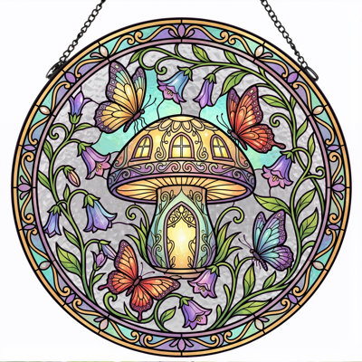 Mushroom House Stained Glass Window Panel，7.8H