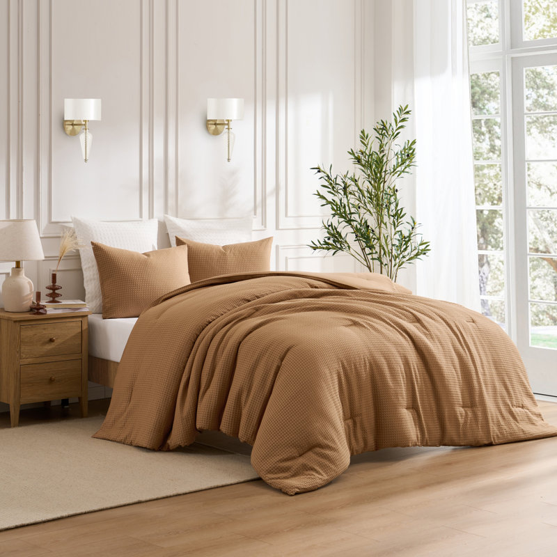 Kathy Ireland 3 Pc Waffle Comforter Set, Queen Comforter + 2 Queen Shams, Rust